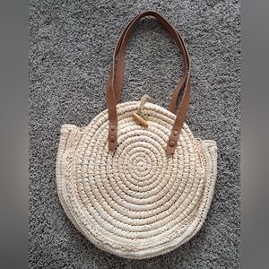 INC Melani Woven Straw Circle Bag/Purse, Natural, Vegan Leather Straps